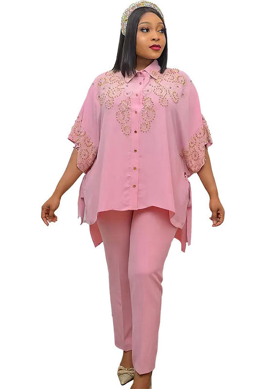 Plus Size Pink Embroideried Button Chiffon Shirts And Pants Two Pieces Set Summer
