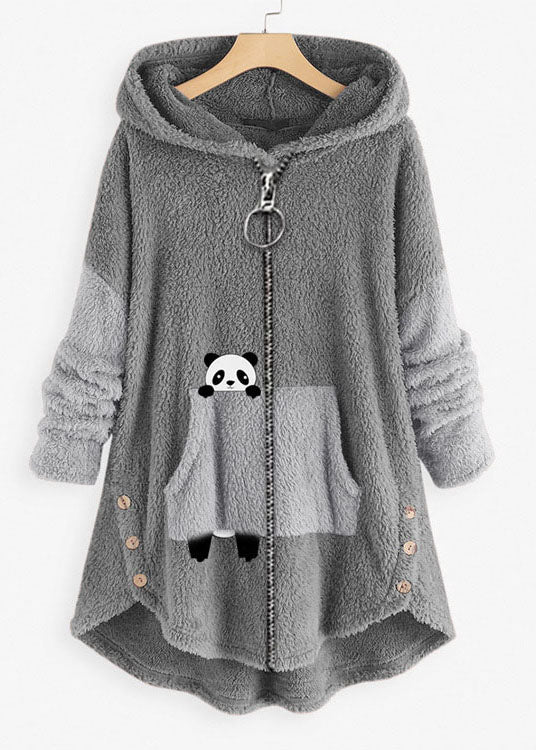 Plus Size Pink Hooded Print Pockets Patchwork Teddy Faux Fur Coat Fall