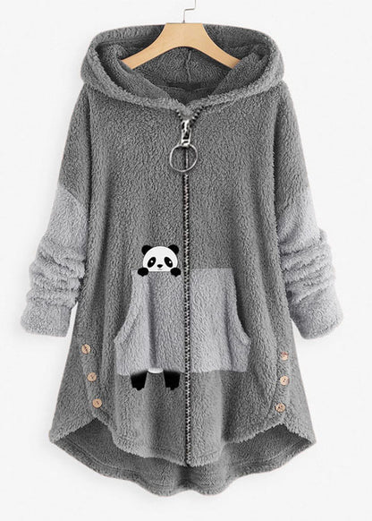 Plus Size Pink Hooded Print Pockets Patchwork Teddy Faux Fur Coat Fall