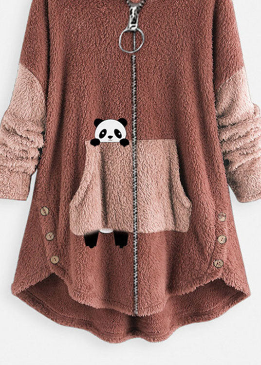 Plus Size Pink Hooded Print Pockets Patchwork Teddy Faux Fur Coat Fall