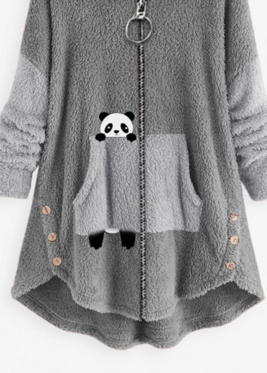 Plus Size Pink Hooded Print Pockets Patchwork Teddy Faux Fur Coat Fall