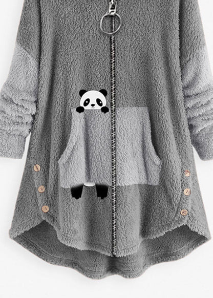 Plus Size Pink Hooded Print Pockets Patchwork Teddy Faux Fur Coat Fall
