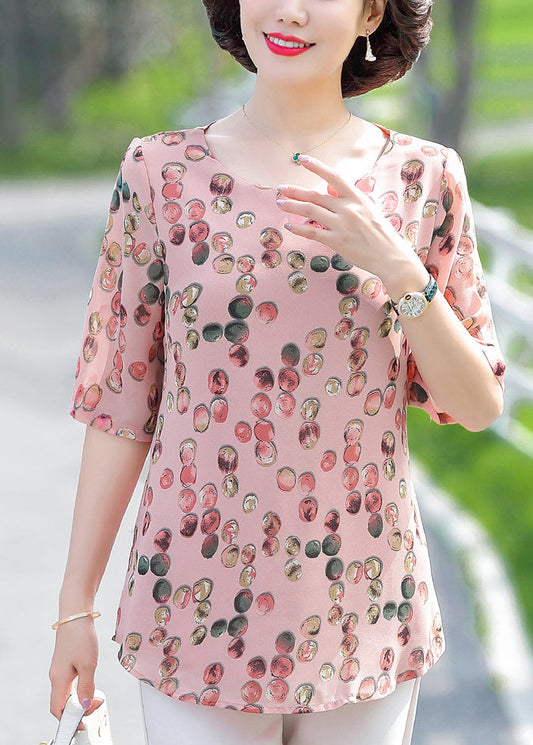 Plus Size Pink O-Neck Dot Print Chiffon Tops Half Sleeve