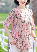 Plus Size Pink O-Neck Dot Print Chiffon Tops Half Sleeve