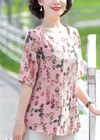 Plus Size Pink O-Neck Dot Print Chiffon Tops Half Sleeve