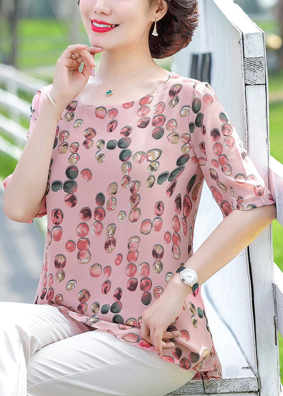Plus Size Pink O-Neck Dot Print Chiffon Tops Half Sleeve