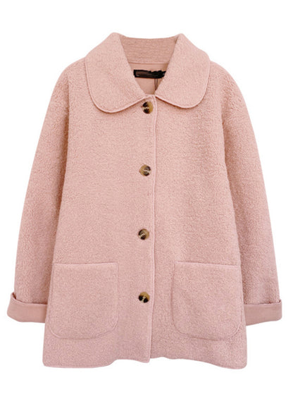 Plus Size Pink Peter Pan Collar Pockets Patchwork Teddy Faux Fur Coats Fall