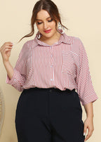 Plus Size Pink Peter Pan Collar Striped Button Cotton Shirt Bracelet Sleeve