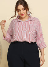 Load image into Gallery viewer, Plus Size Pink Peter Pan Collar Striped Button Cotton Shirt Bracelet Sleeve