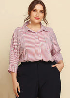 Plus Size Pink Peter Pan Collar Striped Button Cotton Shirt Bracelet Sleeve