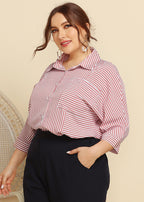 Plus Size Pink Peter Pan Collar Striped Button Cotton Shirt Bracelet Sleeve