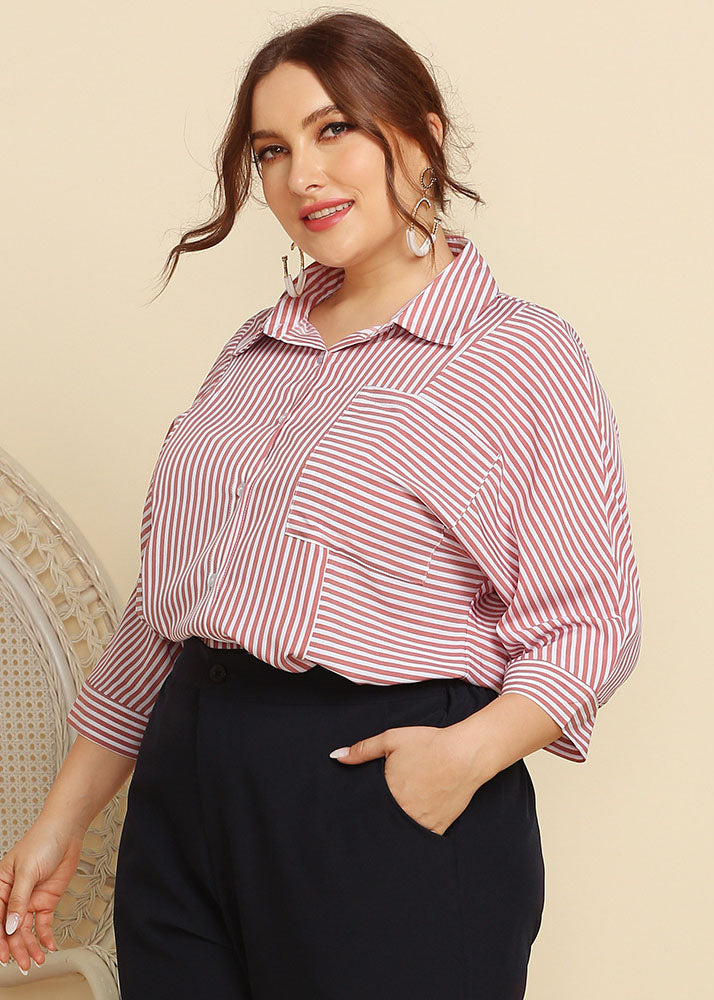Plus Size Pink Peter Pan Collar Striped Button Cotton Shirt Bracelet Sleeve