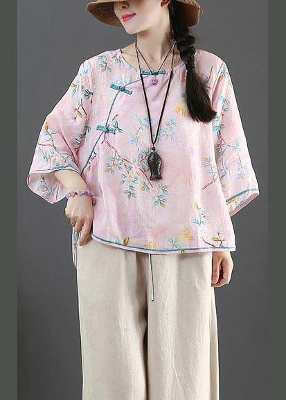 Plus Size Pink Print Linen Oriental Summer Shirts