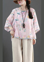 Plus Size Pink Print Linen Oriental Summer Shirts