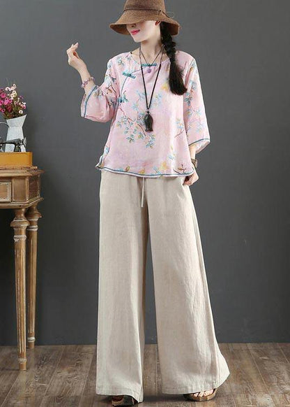 Plus Size Pink Print Linen Oriental Summer Shirts