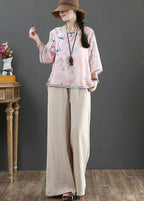 Plus Size Pink Print Linen Oriental Summer Shirts
