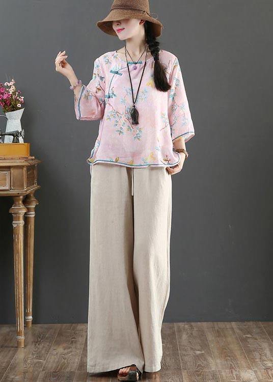 Plus Size Pink Print Linen Oriental Summer Shirts
