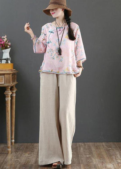 Plus Size Pink Print Linen Oriental Summer Shirts