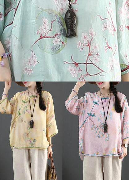 Plus Size Pink Print Linen Oriental Summer Shirts