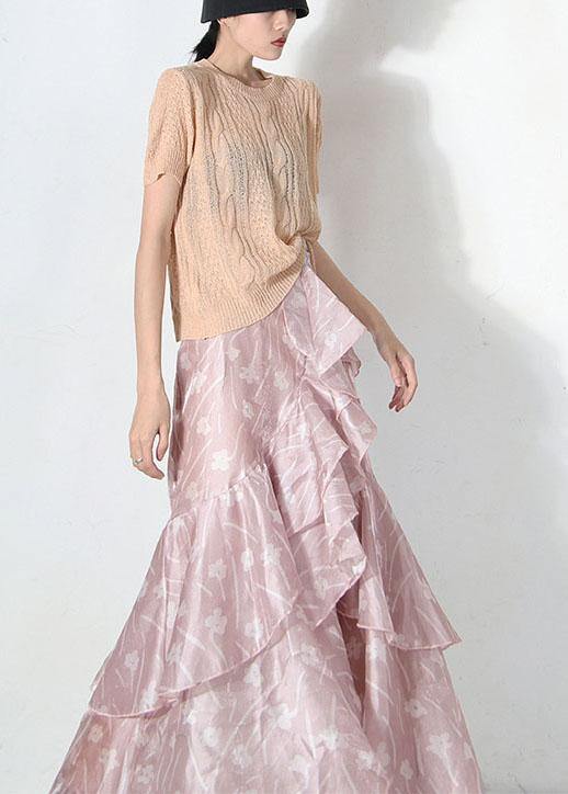Plus Size Pink Print Summer Ruffles low high design Skirt