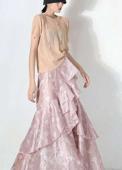 Plus Size Pink Print Summer Ruffles low high design Skirt