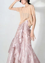 Plus Size Pink Print Summer Ruffles low high design Skirt