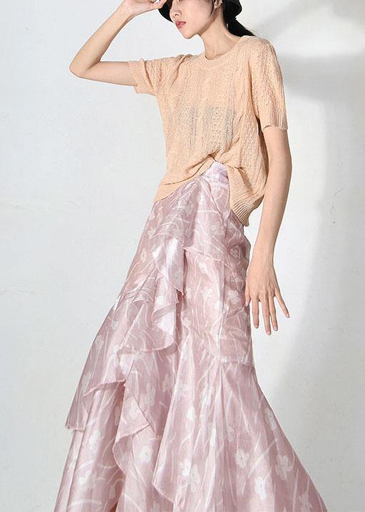 Plus Size Pink Print Summer Ruffles low high design Skirt