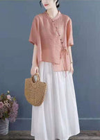 Plus Size Pink Solid Tie Waist Blouse Tops Half Sleeve