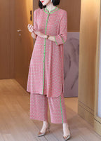 Plus Size Pink Stand Collar Print Silk Long Shirts And Wide Leg Pants Two-Piece Set