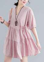 Plus Size Pink V Neck Cinched Ankle Summer Cotton Dress