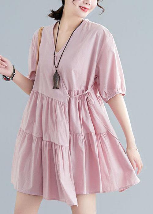 Plus Size Pink V Neck Cinched Ankle Summer Cotton Dress