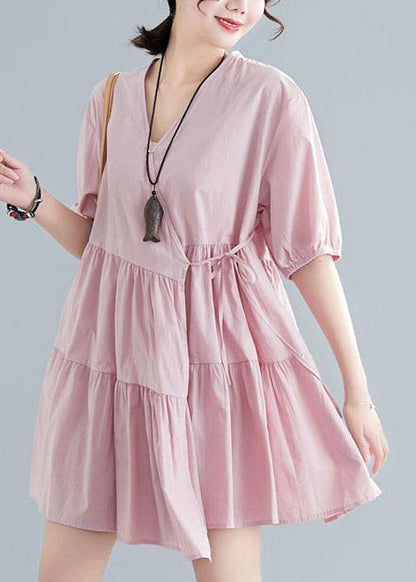 Plus Size Pink V Neck Cinched Ankle Summer Cotton Dress