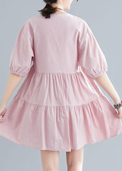 Plus Size Pink V Neck Cinched Ankle Summer Cotton Dress