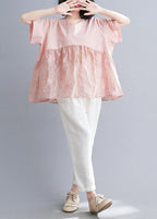 Plus Size Pink V Neck Patchwork Jacquard Cotton Tank Tops Short Sleeve