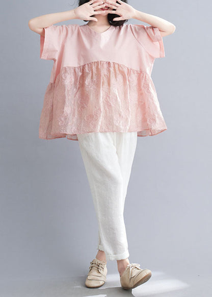 Plus Size Pink V Neck Patchwork Jacquard Cotton Tank Tops Short Sleeve