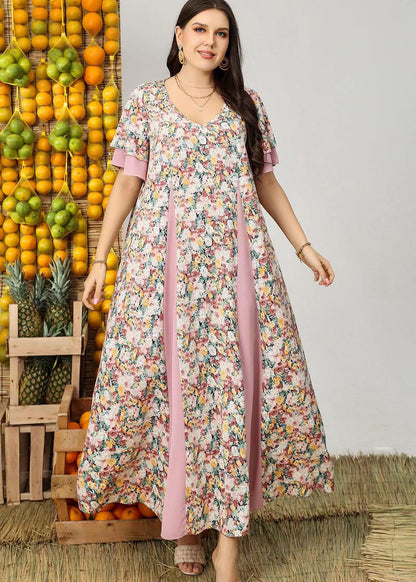 Plus Size Pink V Neck Print Patchwork Chiffon Dress Summer