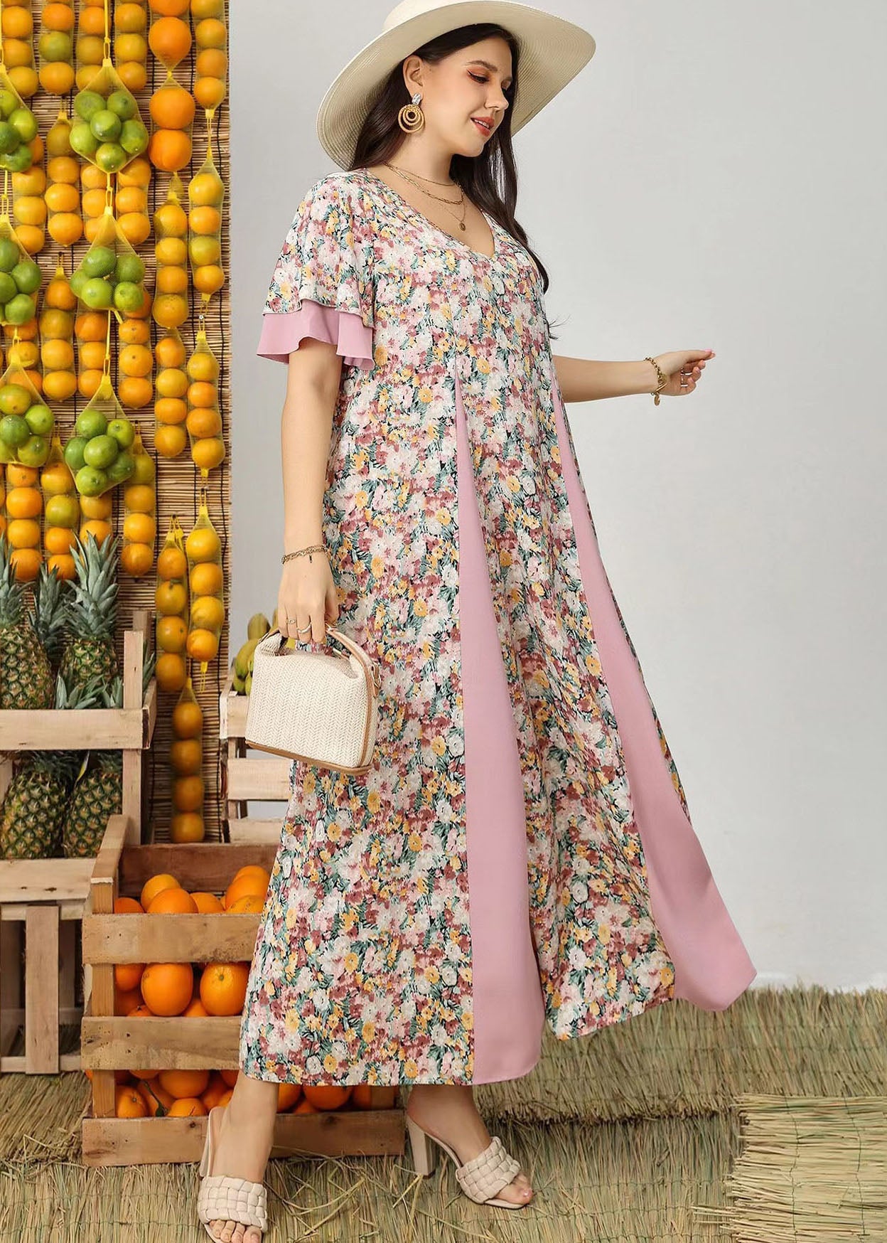 Plus Size Pink V Neck Print Patchwork Chiffon Dress Summer