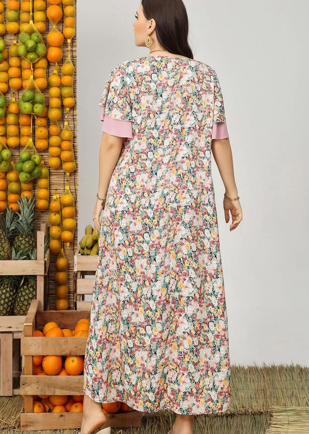 Plus Size Pink V Neck Print Patchwork Chiffon Dress Summer