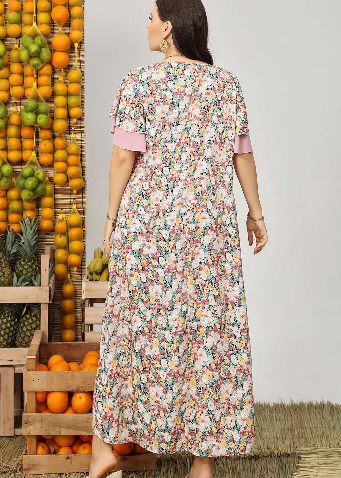 Plus Size Pink V Neck Print Patchwork Chiffon Dress Summer