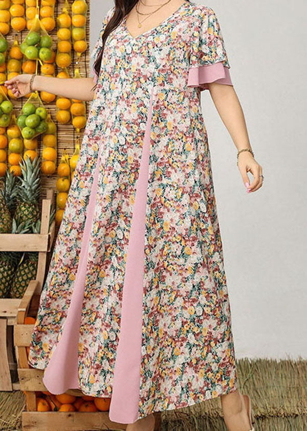 Plus Size Pink V Neck Print Patchwork Chiffon Dress Summer