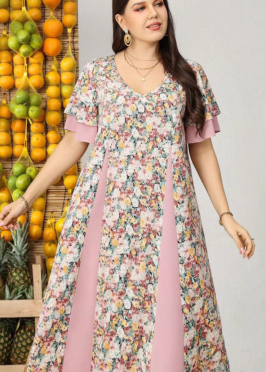 Plus Size Pink V Neck Print Patchwork Chiffon Dress Summer