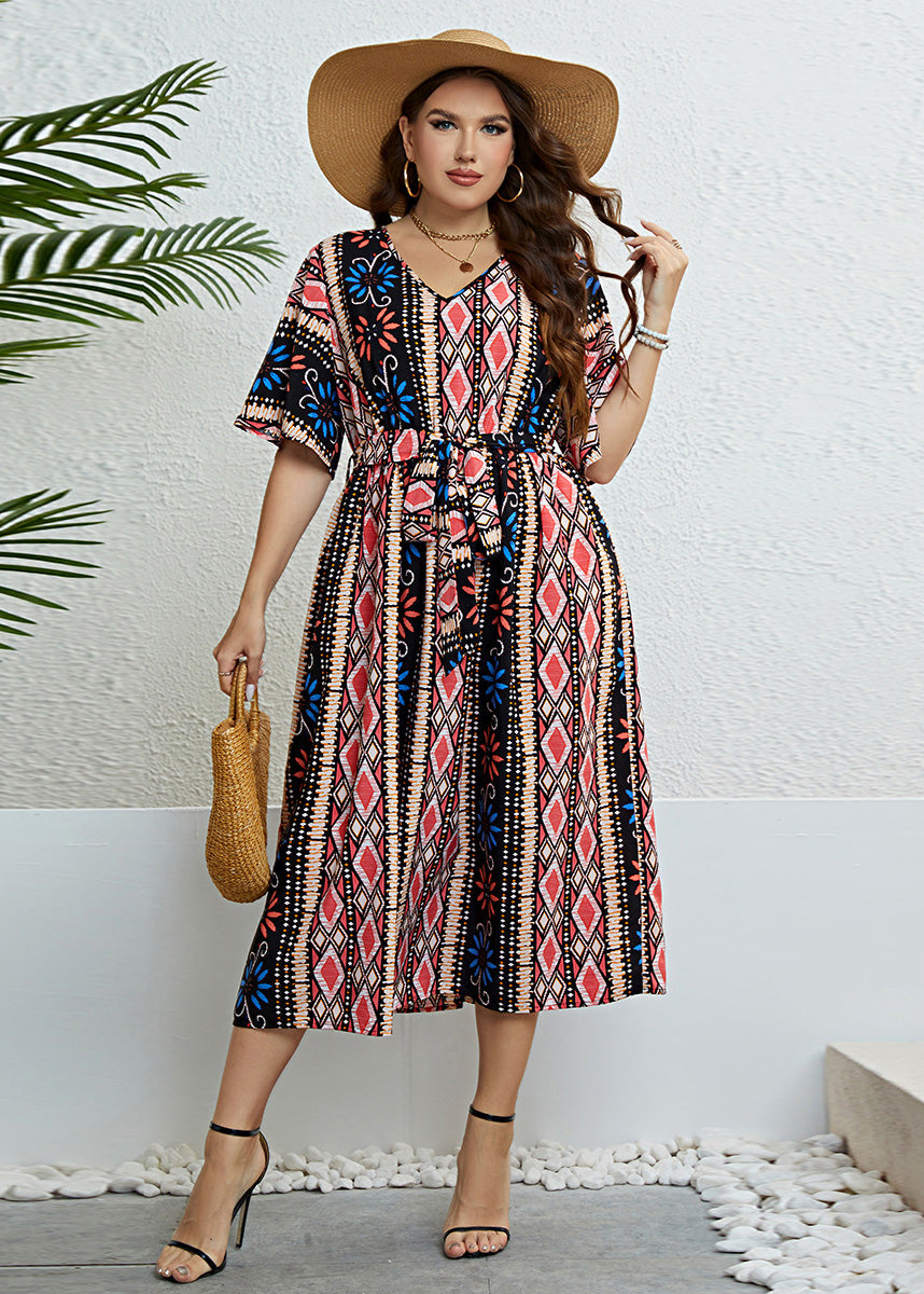 Plus Size Print Tie Waist Silk Maxi Dresses Summer
