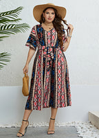 Plus Size Print Tie Waist Silk Maxi Dresses Summer