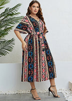 Plus Size Print Tie Waist Silk Maxi Dresses Summer