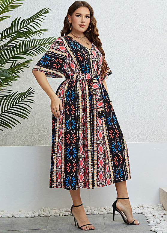 Plus Size Print Tie Waist Silk Maxi Dresses Summer