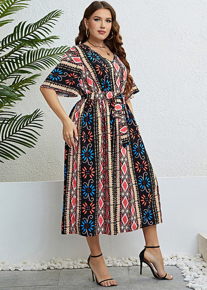Plus Size Print Tie Waist Silk Maxi Dresses Summer