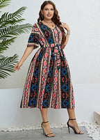 Plus Size Print Tie Waist Silk Maxi Dresses Summer