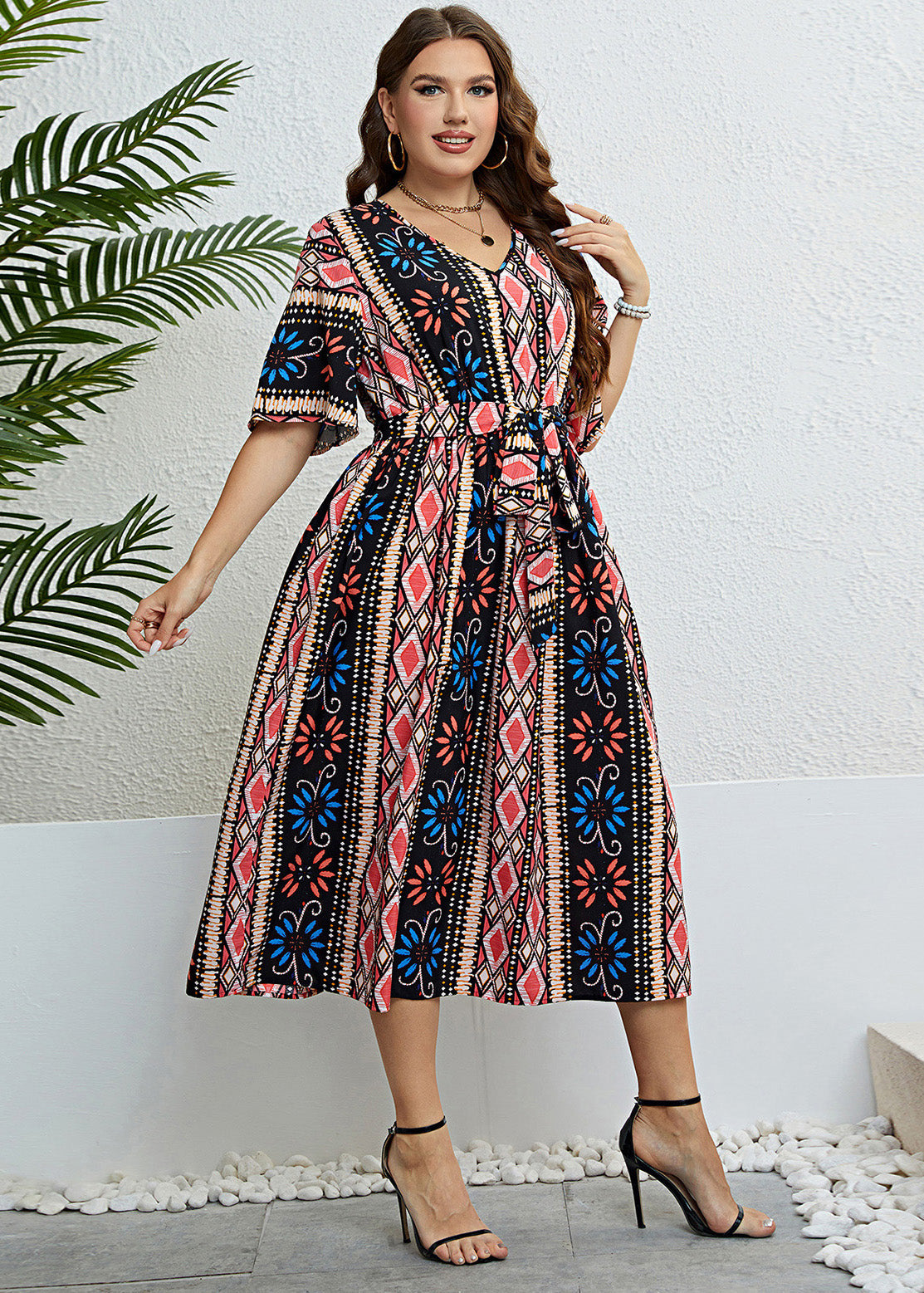 Plus Size Print Tie Waist Silk Maxi Dresses Summer