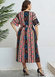 Plus Size Print Tie Waist Silk Maxi Dresses Summer
