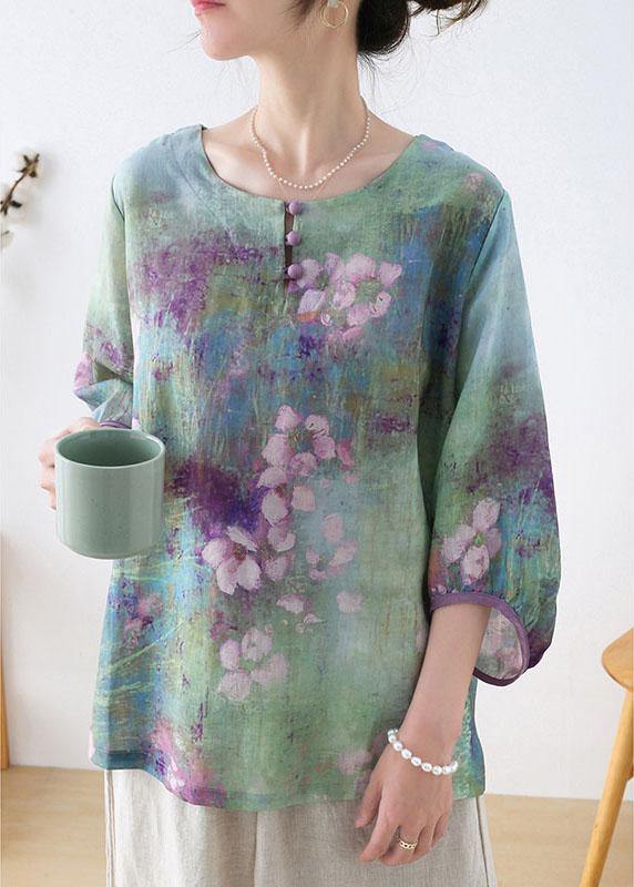 Plus Size Purple Button Print Fall Three Quarter Sleeve Top